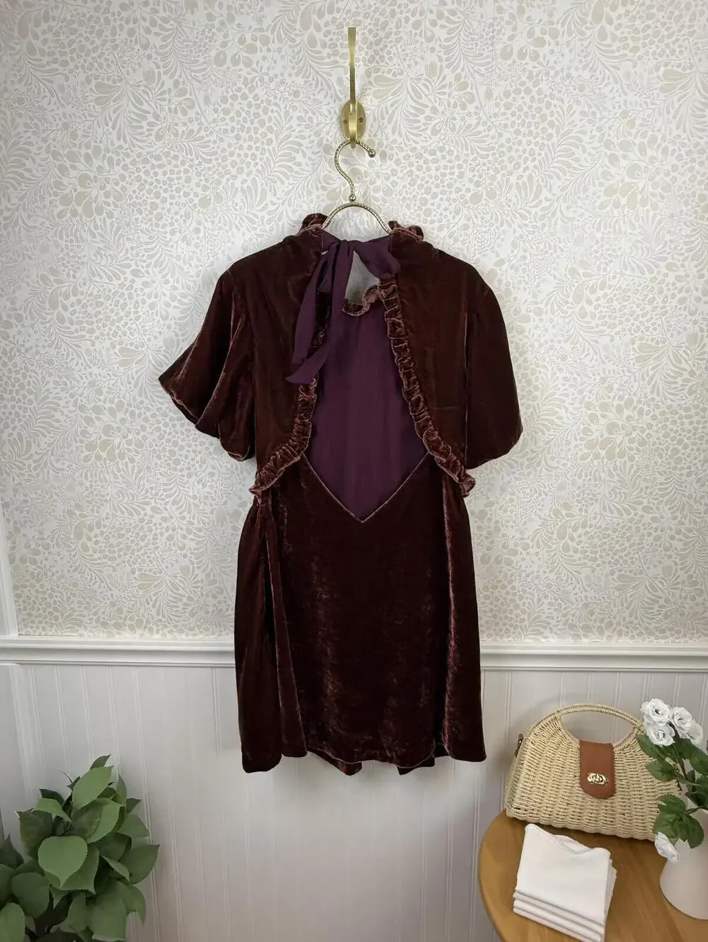 Free People Gum Drop Double Dare Brown Burgundy Velvet Mini Dress - Size - Large